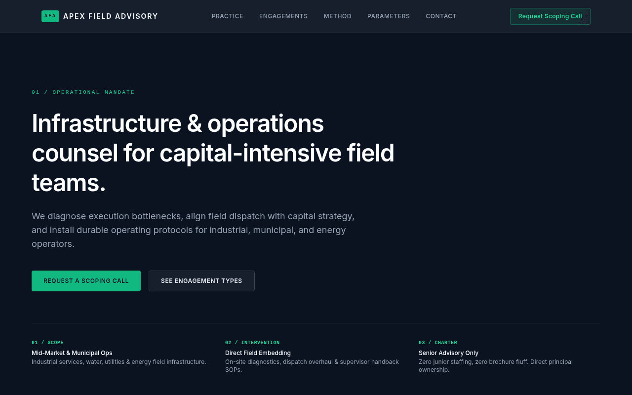 Apex Field Advisory live website preview showing infrastructure operational mandate