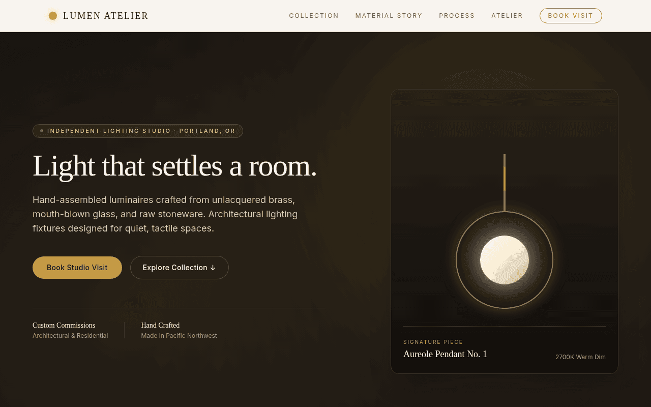 Lumen Atelier live website preview showing lighting studio collection