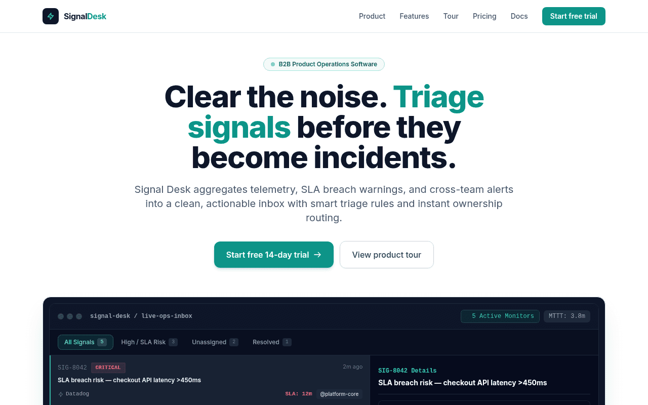 Signal Desk live website preview showing product operations software landing page